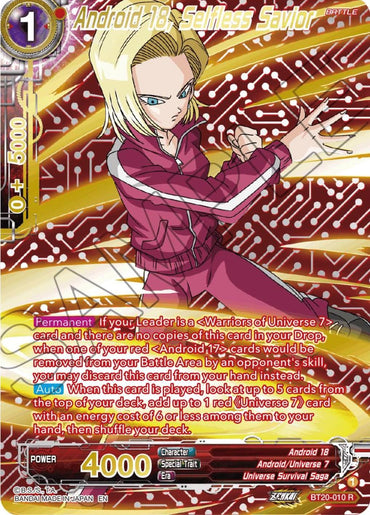 Android 18, Selfless Savior (Gold-Stamped) (BT20-010) [Power Absorbed] (ONLINE ORDER ONLY)