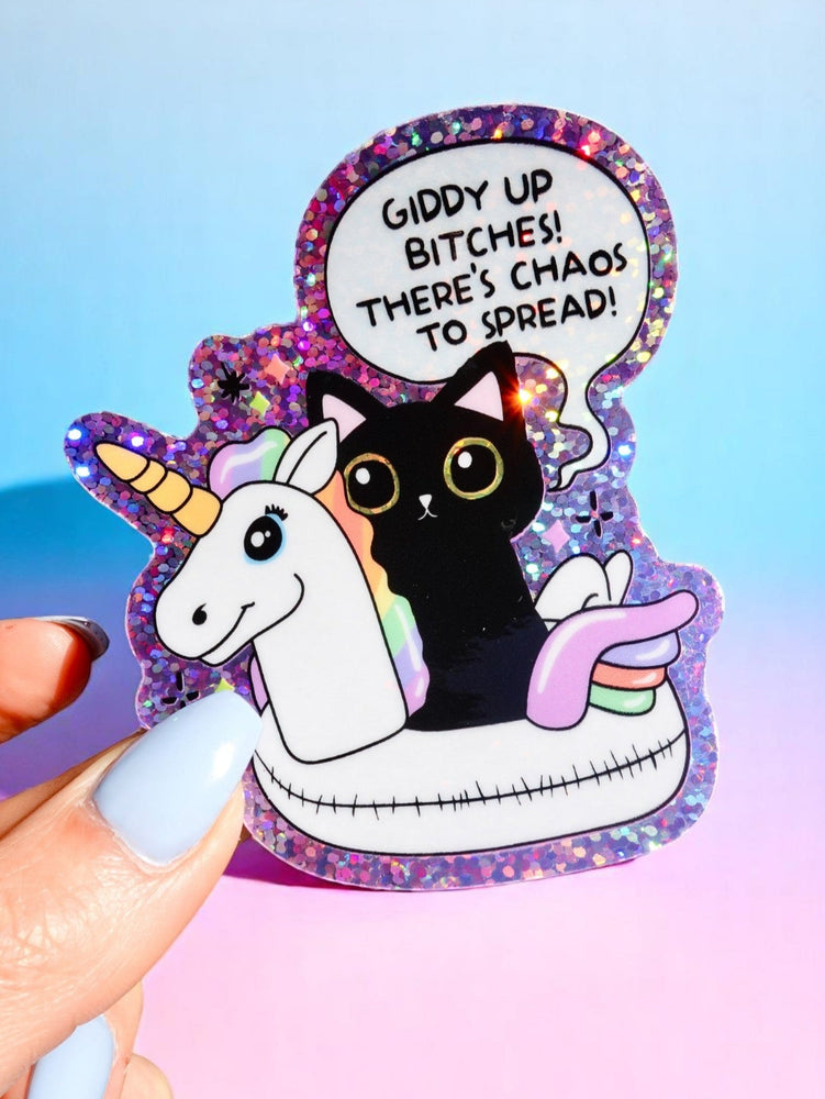 Funny Vinyl Sticker – Giddy Up Bitches – Holographic Cat and Unicorn Waterproof Decal (Online Order Only)