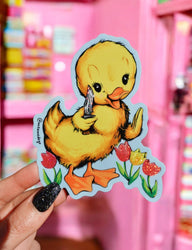 Funny Vinyl Sticker – Cute Duck with Knife – Waterproof Dark Humor Decal (Online Order Only)