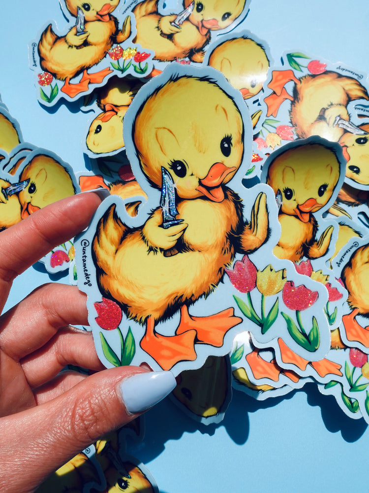 Funny Vinyl Sticker – Cute Duck with Knife – Waterproof Dark Humor Decal (Online Order Only)