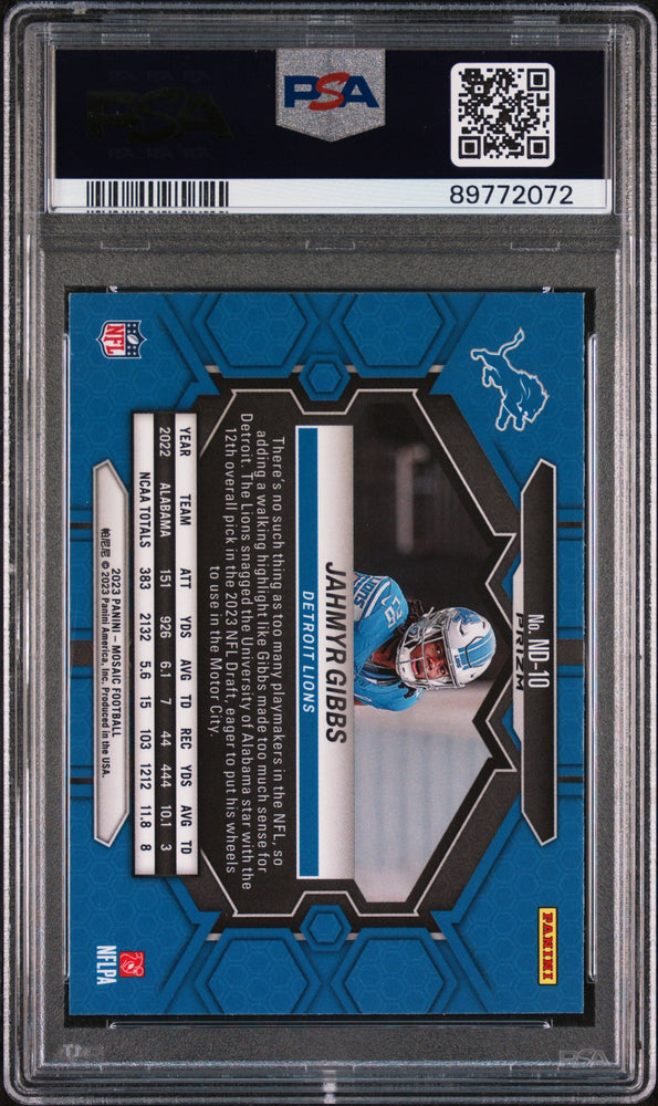Graded 2023 Mosaic Jahmyr Gibbs #ND10 NFL Debut Camo Pink Rookie RC Football Card PSA 10 Gem Mint (ONLINE ORDER ONLY)