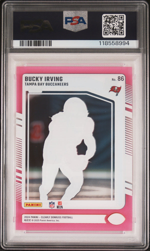 Graded 2024 Panini Clearly Donruss Bucky Irving #86 Pink Rookie RC Football Card PSA 10 Gem Mint (ONLINE ORDER ONLY)