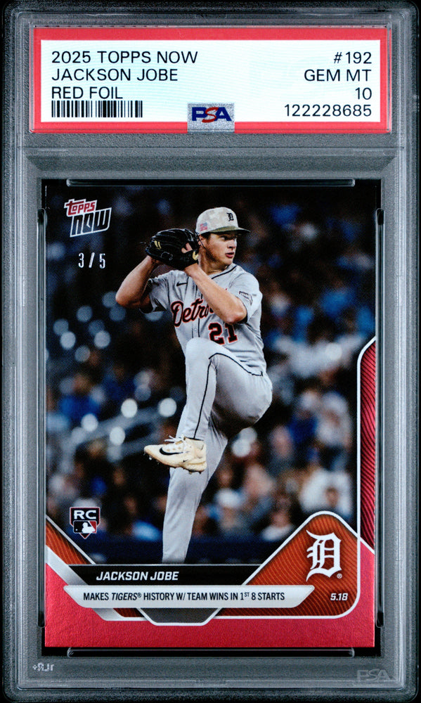 Graded 2025 Topps Now Jackson Jobe #192 Red Foil /5 Rookie RC Baseball Card PSA 10 Gem Mint (ONLINE ORDER ONLY)