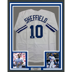 Framed Autographed/Signed Gary Sheffield 35x39 Los Angeles LA White Baseball Jersey PSA/DNA COA