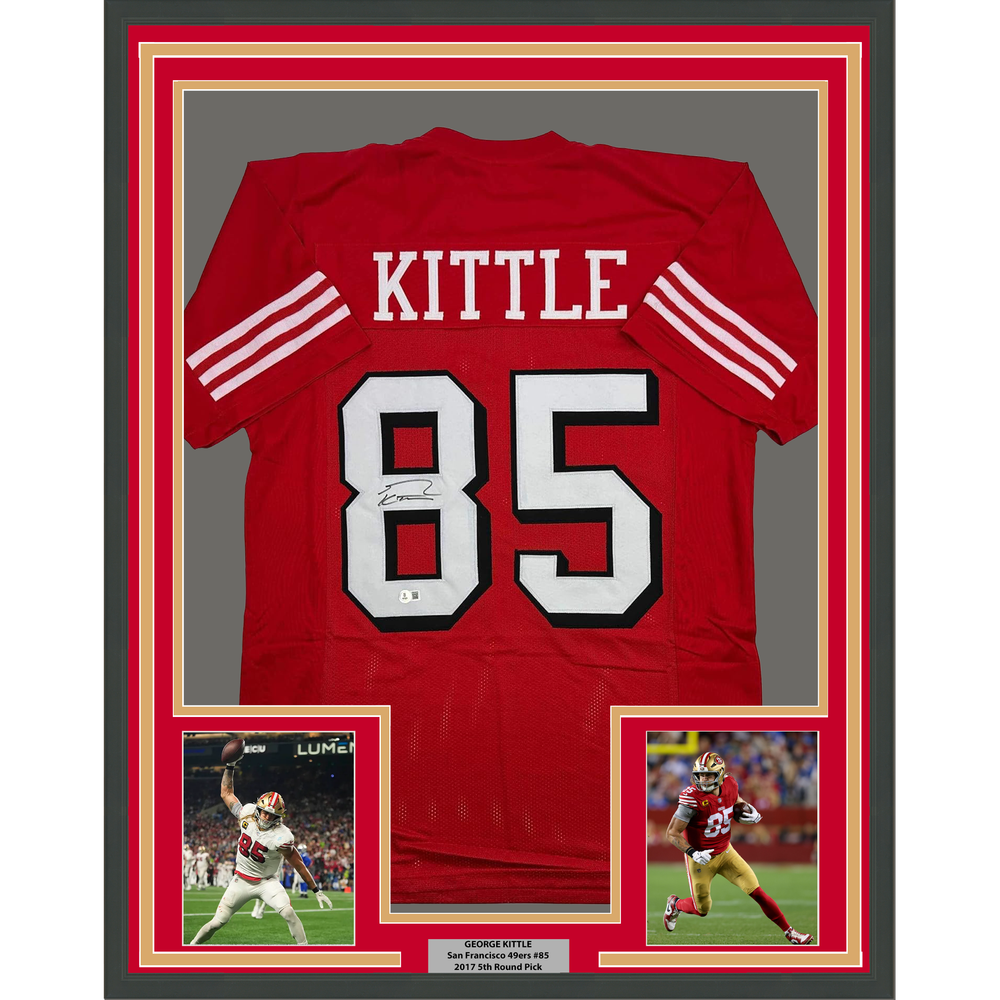 Framed Autographed/Signed George Kittle 35x39 San Francisco Red Alternate Football Jersey Beckett BAS COA