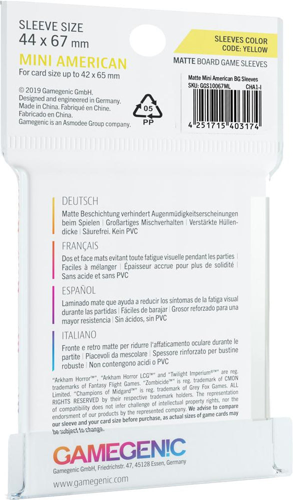 Gamegenic MATTE Sleeves: Mini American (44 x 67 mm, 50 pack) (ONLINE ORDER ONLY)