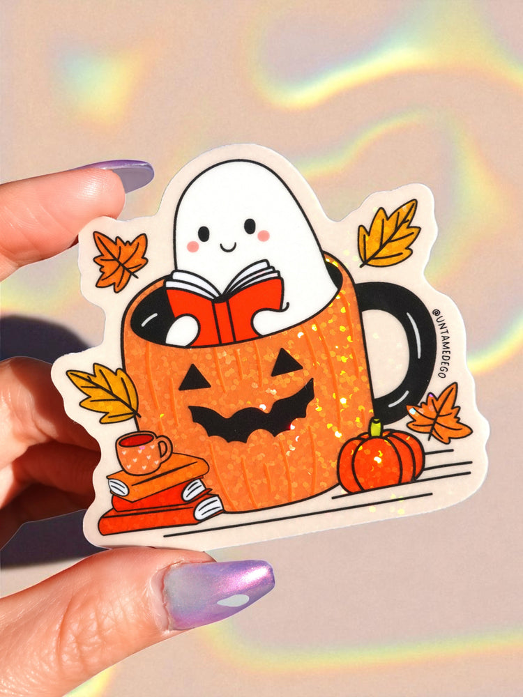 Ghost in Pumpkin Mug Sticker – Cozy Fall Glitter Vinyl Sticker (ONLINE ORDER ONLY)
