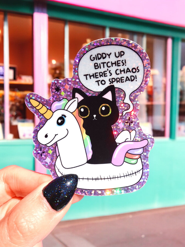 Funny Vinyl Sticker – Giddy Up Bitches – Holographic Cat and Unicorn Waterproof Decal (Online Order Only)