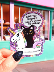 Funny Vinyl Sticker – Giddy Up Bitches – Holographic Cat and Unicorn Waterproof Decal (Online Order Only)