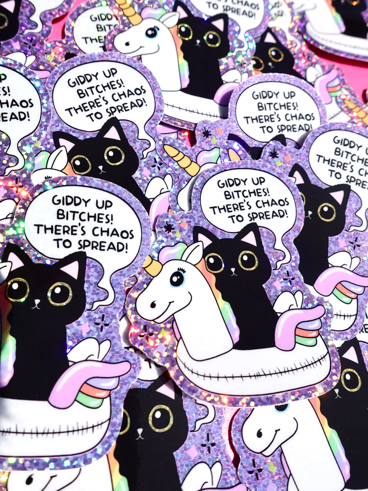 Funny Vinyl Sticker – Giddy Up Bitches – Holographic Cat and Unicorn Waterproof Decal (Online Order Only)