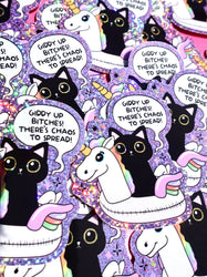 Funny Vinyl Sticker – Giddy Up Bitches – Holographic Cat and Unicorn Waterproof Decal (Online Order Only)