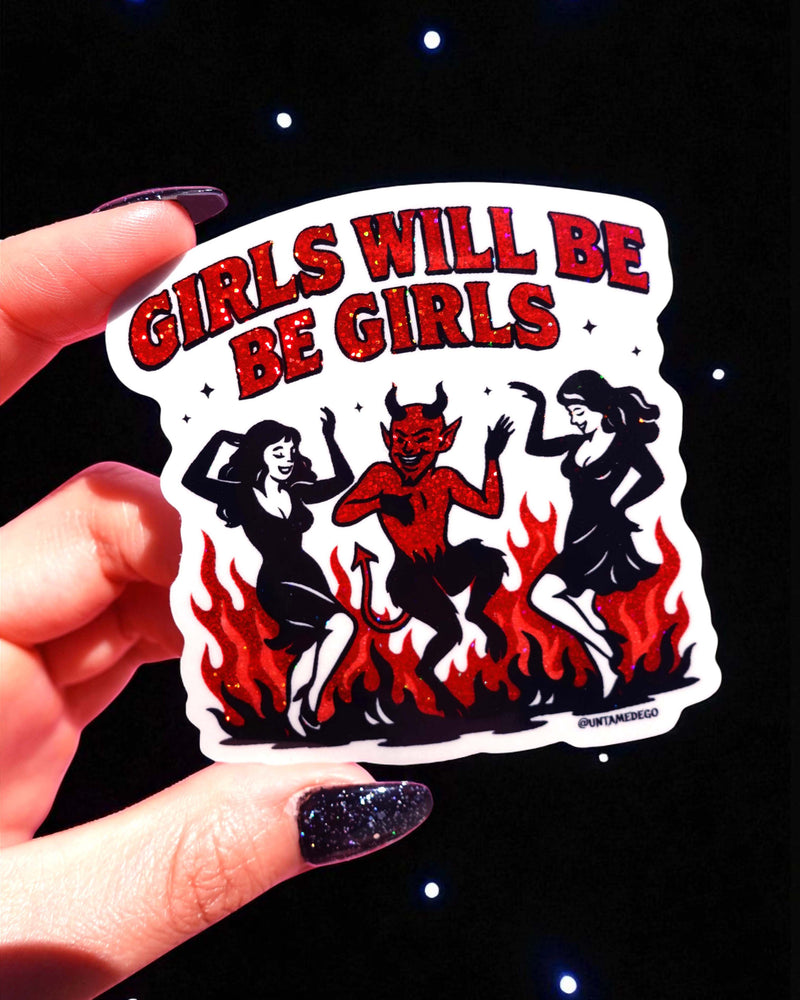 Feminist Devil Sticker – Girls Will Be Girls Vinyl – Retro Holographic Hellfire Pinup Decal (ONLINE ORDER ONLY)