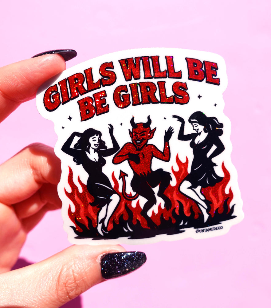 Feminist Devil Sticker – Girls Will Be Girls Vinyl – Retro Holographic Hellfire Pinup Decal (ONLINE ORDER ONLY)