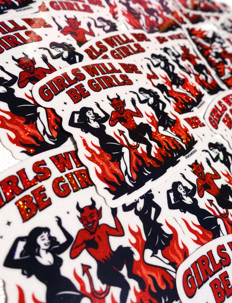 Feminist Devil Sticker – Girls Will Be Girls Vinyl – Retro Holographic Hellfire Pinup Decal (ONLINE ORDER ONLY)