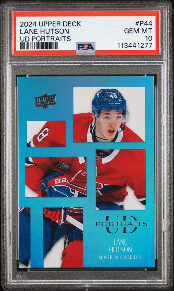 Graded 2024 Upper Deck Lane Hutson #P44 UD Portraits Rookie RC Hockey Card PSA 10 Gem Mint (ONLINE ORDER ONLY)