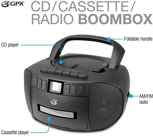 GPX BCA209B Stereo Boombox With CD Player, Cassette Recorder, AM/FM Radio AC/DC - Includes AC Cable (Black) (Bluetooth) [Boombox] (ONLINE ORDER ONLY)