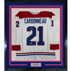 Framed Autographed/Signed Guy Carbonneau 35x39 Montreal White Hockey Jersey JSA COA