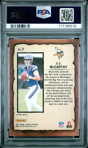Graded 2024 Panini Mosaic JJ McCarthy #21 Notoriety Green Rookie RC Football Card PSA 10 Gem Mint (ONLINE ORDER ONLY)