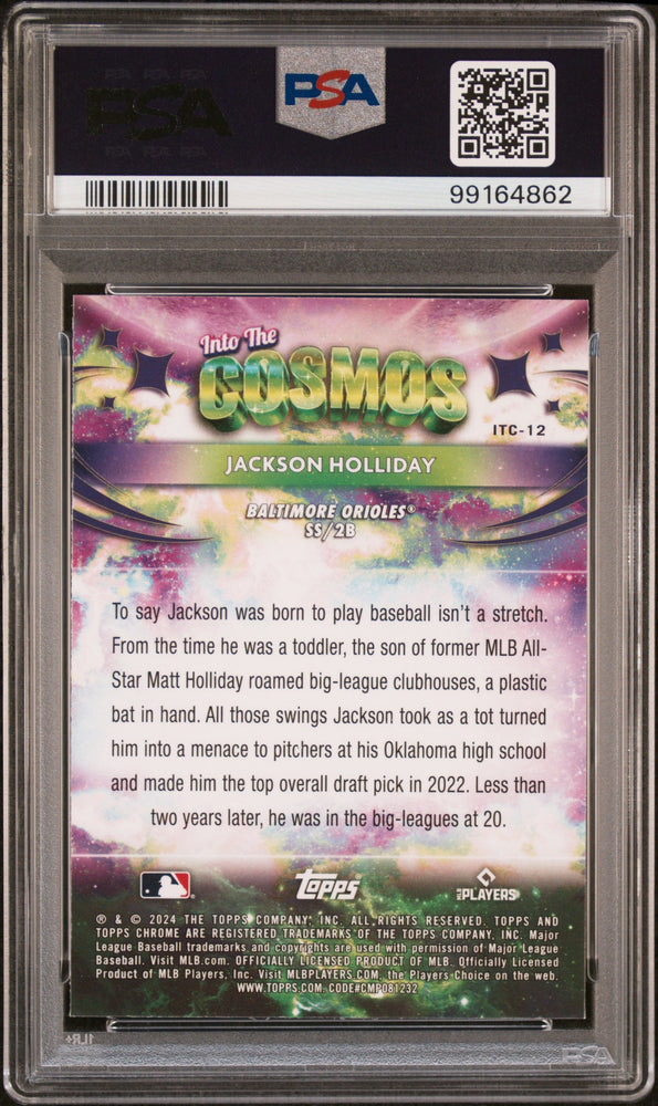Graded 2024 Topps Cosmic Chrome Jackson Holliday #12 Into the Cosmos Rookie RC Baseball Card PSA 10 Gem Mint (ONLINE ORDER ONLY)