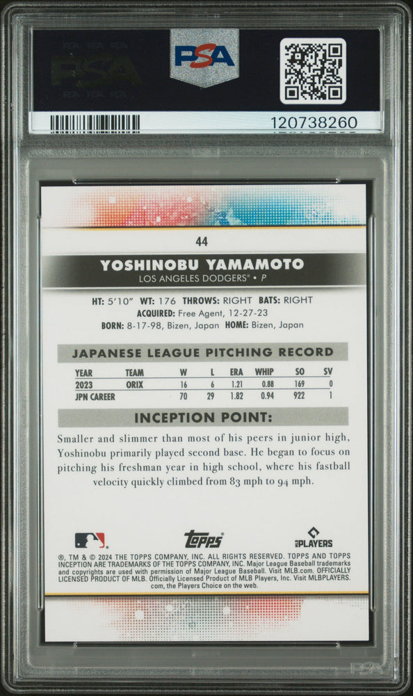 Graded 2024 Topps Inception Yoshinobu Yamamoto #44 Rookie RC Baseball Card PSA 10 Gem Mint (ONLINE ORDER ONLY)