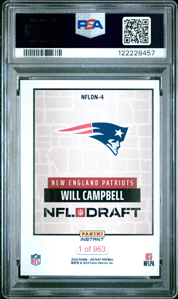 Graded 2025 Panini Instant Will Campbell #NFLDN4 NFL Draft Night Rookie RC Football Card PSA 9 Mint (ONLINE ORDER ONLY)