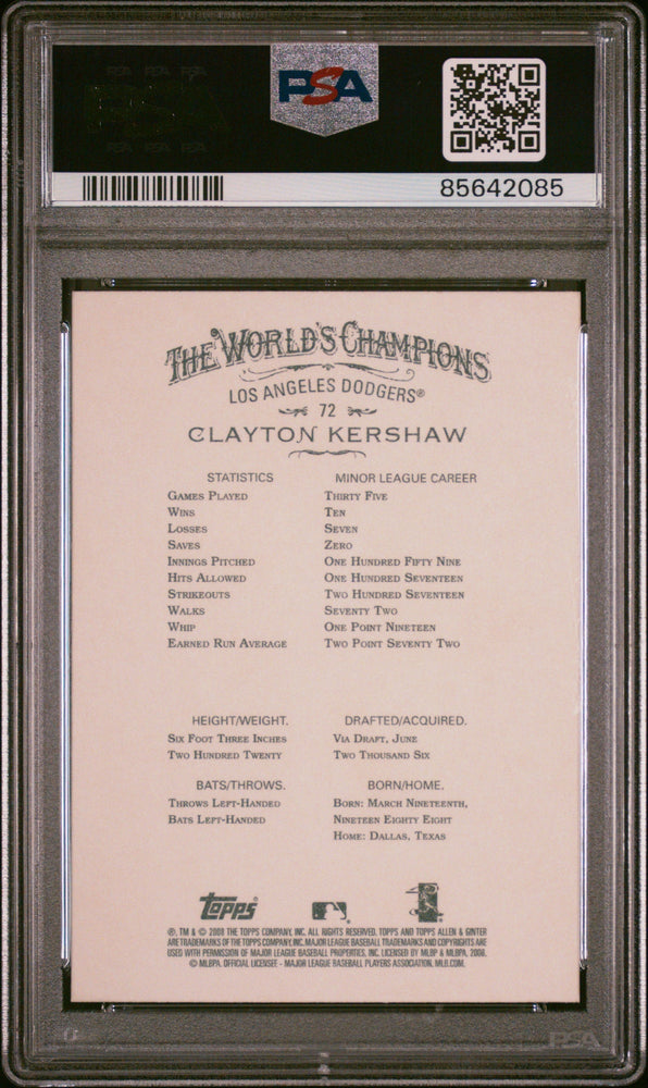 Graded 2008 Topps Allen & Ginter Clayton Kershaw #72 Rookie RC Baseball Card PSA 10 Gem Mint (ONLINE ORDER ONLY)