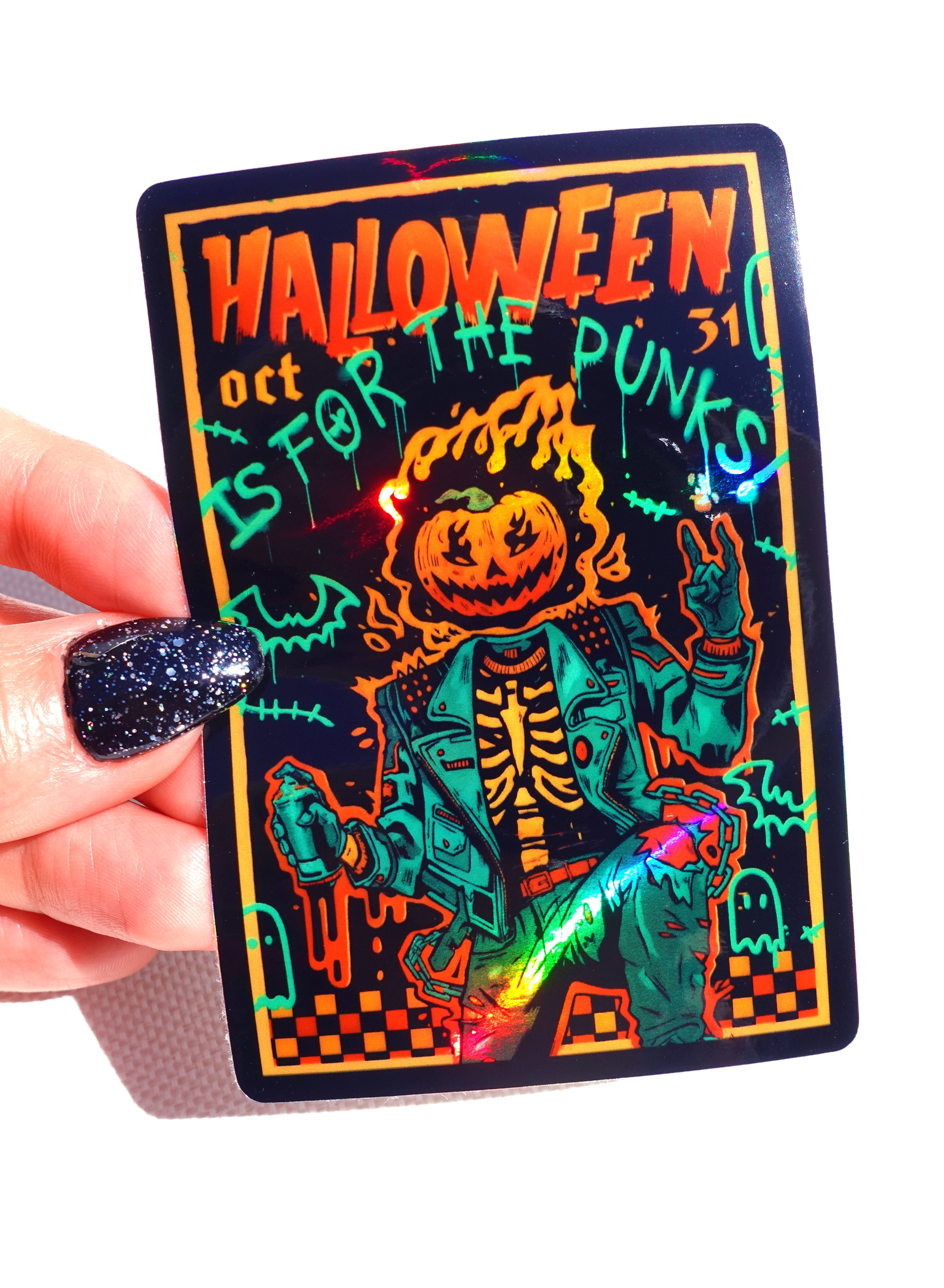Halloween Is for the Punks Sticker – Holographic Skeleton Vinyl – Punk Rock Halloween Decal (ONLINE ORDER ONLY)