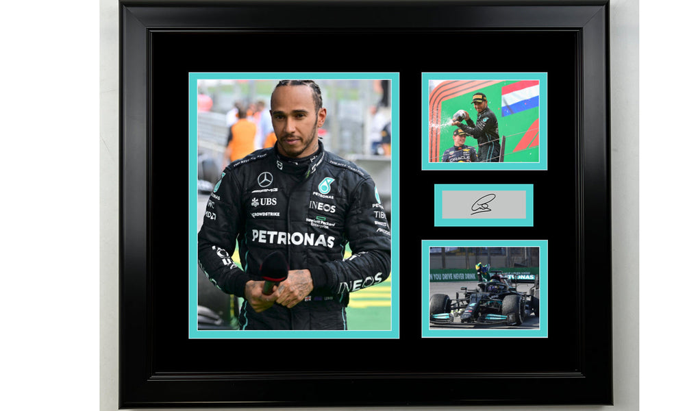 Framed Lewis Hamilton F1 Facsimile Laser Engraved Signature 14x11 3 Photo Collage (ONLINE ORDER ONLY)