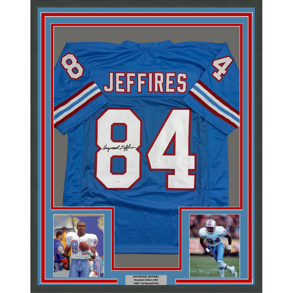 Framed Autographed/Signed Haywood Jeffires 35x39 Tennessee Retro Light Blue Football Jersey JSA COA