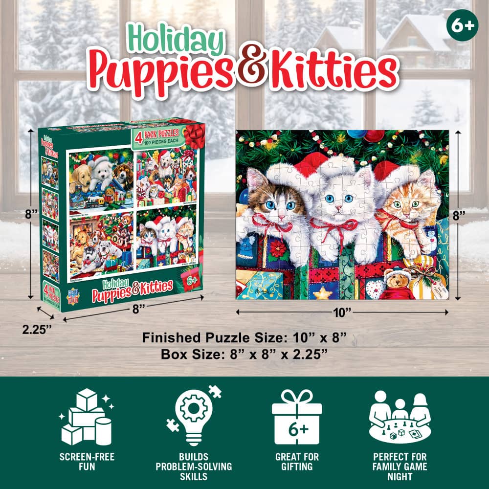 Holiday Puppies & Kitties 100 Piece Jigsaw Puzzles 4-Pack