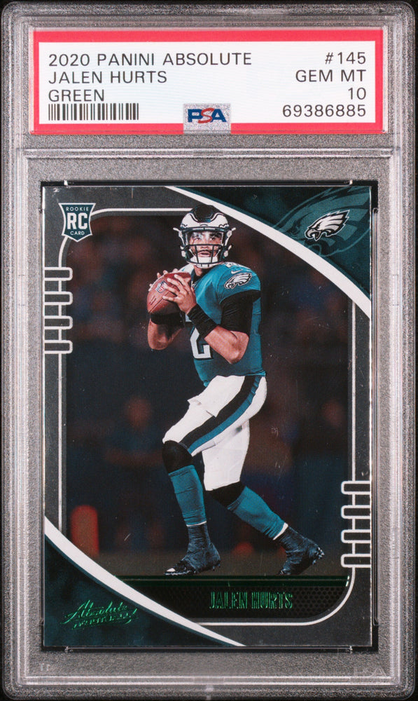 Graded 2020 Panini Absolute Jalen Hurts #145 Green Rookie RC Football Card PSA 10 Gem Mint (ONLINE ORDER ONLY)