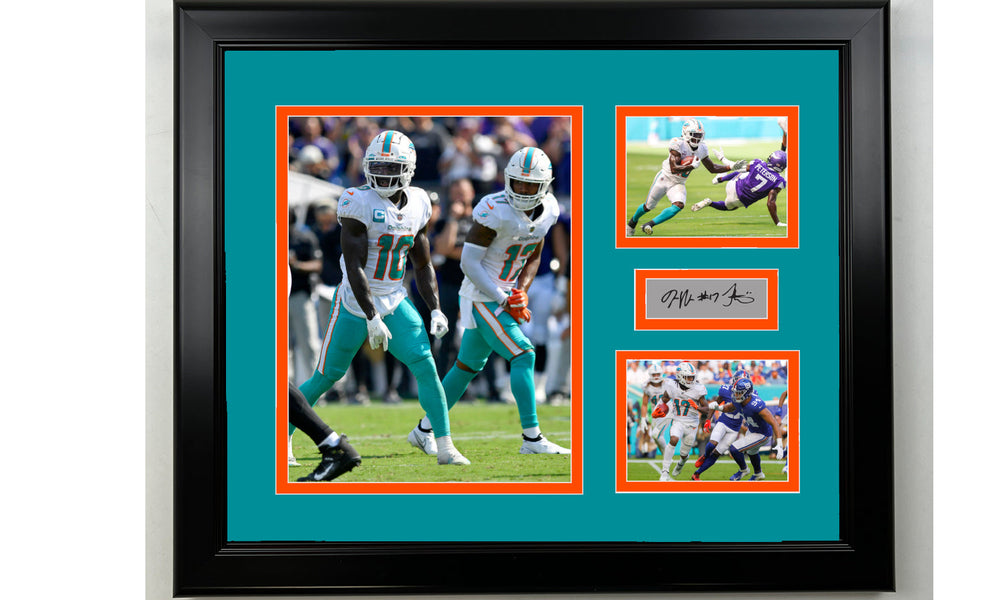 Framed Tyreek Hill & Jaylen Waddle Miami Dolphins Facsimile Laser Engraved Signature Football 14x11 3 Photo Collage (ONLINE ORDER ONLY)