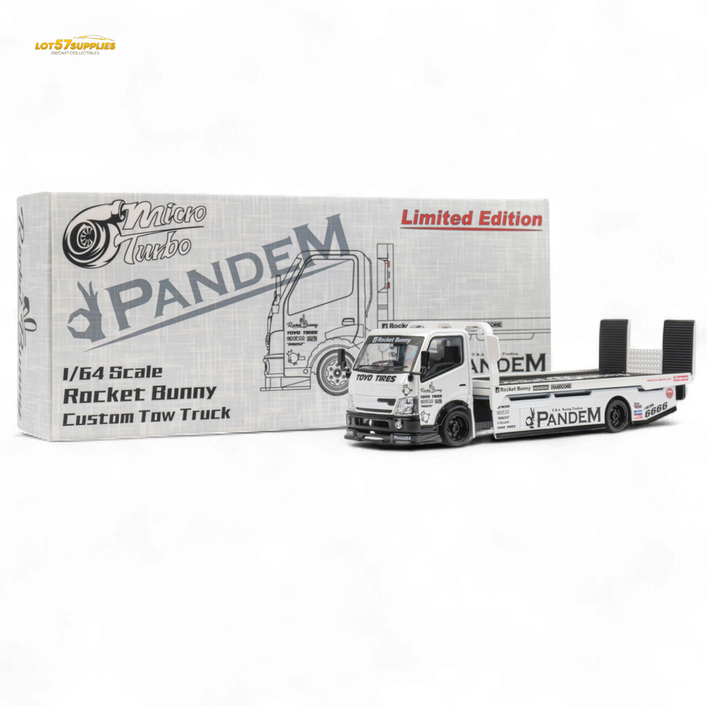 MicroTurbo HINO 300 Flat Bed Transport Truck in Pandem Rocket Bunny White 1:64 (ONLINE ORDER ONLY)