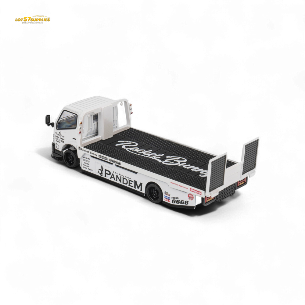 MicroTurbo HINO 300 Flat Bed Transport Truck in Pandem Rocket Bunny White 1:64 (ONLINE ORDER ONLY)