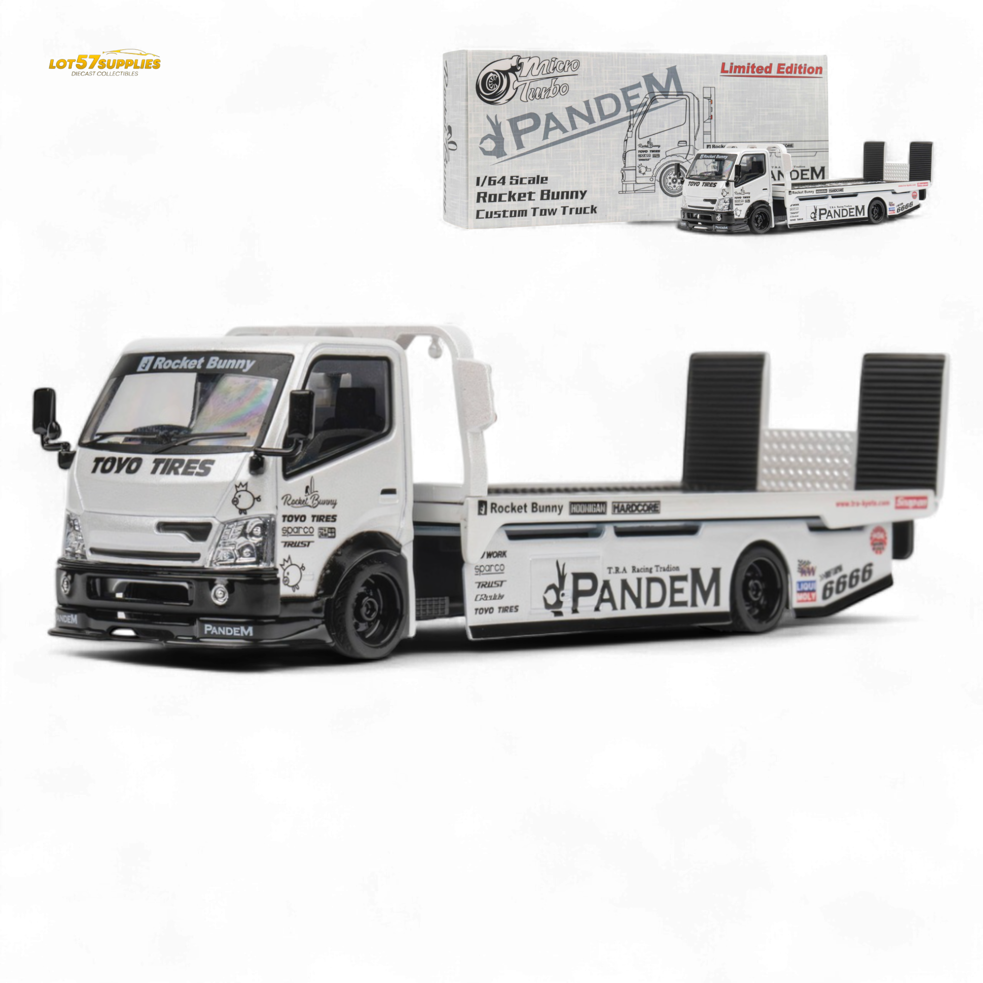MicroTurbo HINO 300 Flat Bed Transport Truck in Pandem Rocket Bunny White 1:64 (ONLINE ORDER ONLY)