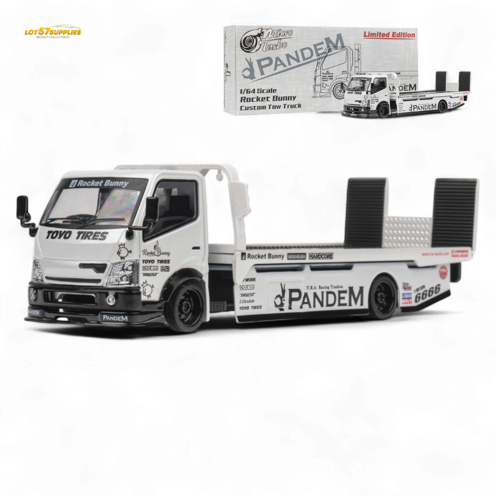 MicroTurbo HINO 300 Flat Bed Transport Truck in Pandem Rocket Bunny White 1:64 (ONLINE ORDER ONLY)