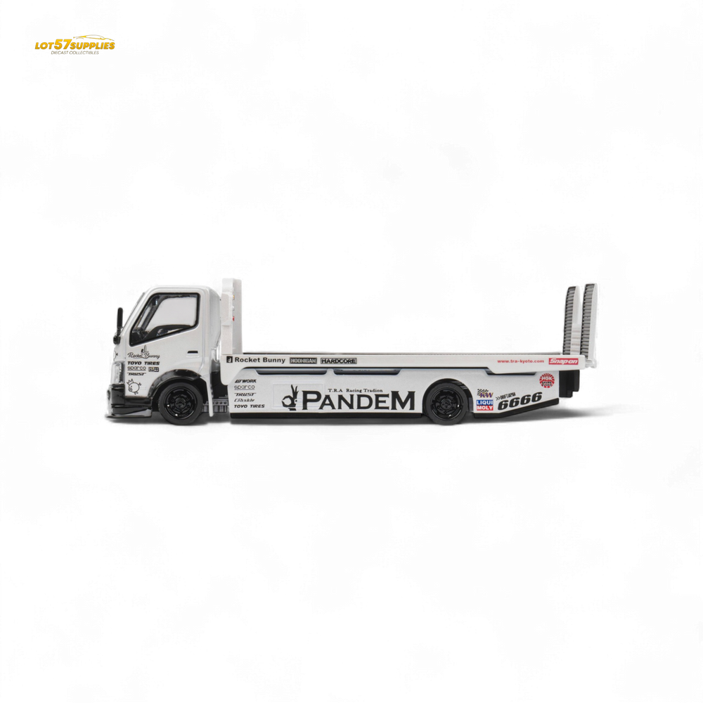 MicroTurbo HINO 300 Flat Bed Transport Truck in Pandem Rocket Bunny White 1:64 (ONLINE ORDER ONLY)