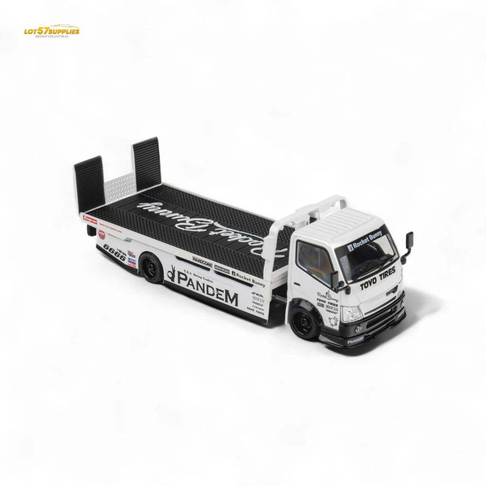 MicroTurbo HINO 300 Flat Bed Transport Truck in Pandem Rocket Bunny White 1:64 (ONLINE ORDER ONLY)