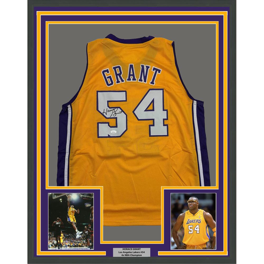 Framed Autographed/Signed Horace Grant 35x39 Los Angeles Yellow Basketball Jersey JSA COA
