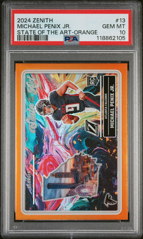 Graded 2024 Panini Zenith Michael Penix Jr #13 State of the Art Orange Rookie RC Football Card PSA 10 Gem Mint (ONLINE ORDER ONLY)