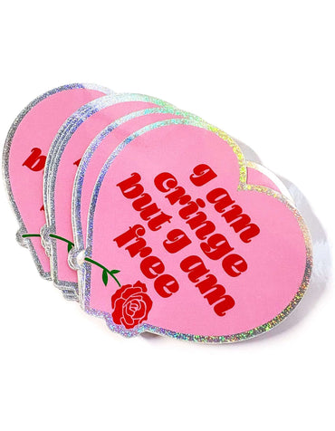 Holographic Glitter Heart Sticker – I Am Cringe But I Am Free Vinyl Sticker (ONLINE ORDER ONLY)