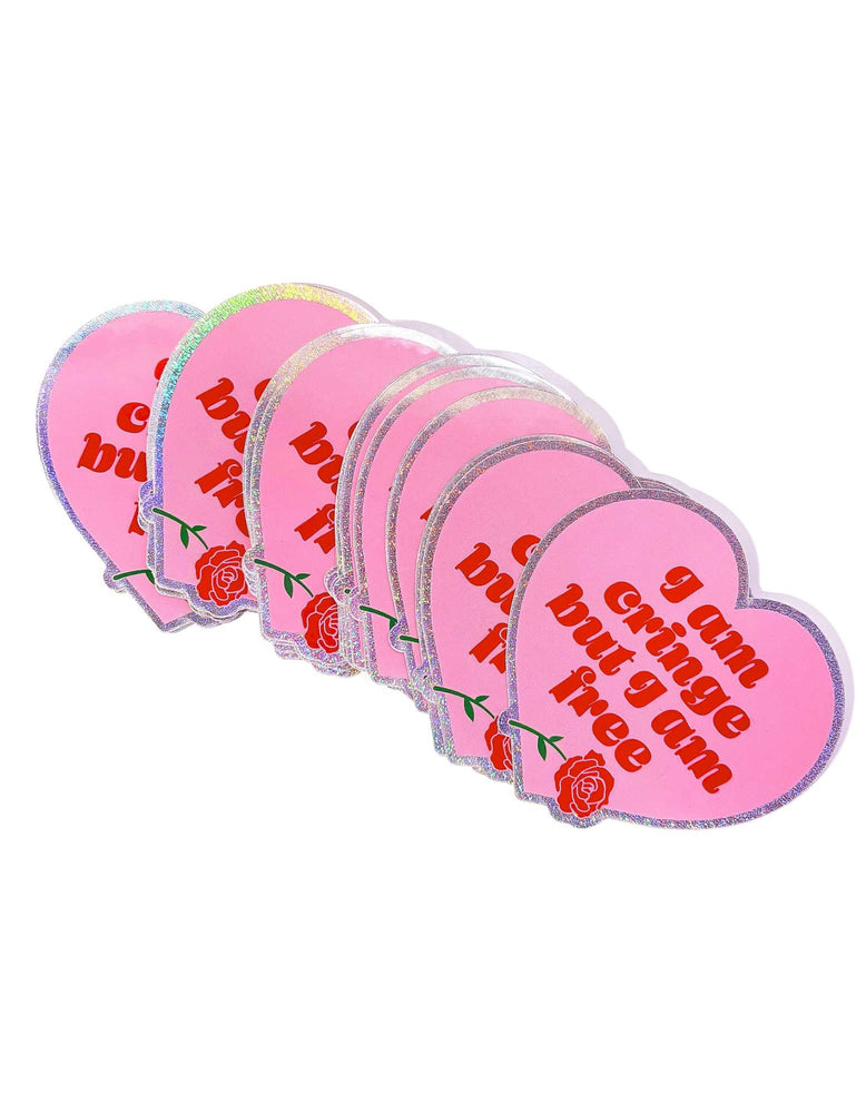 Holographic Glitter Heart Sticker – I Am Cringe But I Am Free Vinyl Sticker (ONLINE ORDER ONLY)