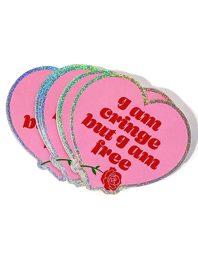 Holographic Glitter Heart Sticker – I Am Cringe But I Am Free Vinyl Sticker (ONLINE ORDER ONLY)