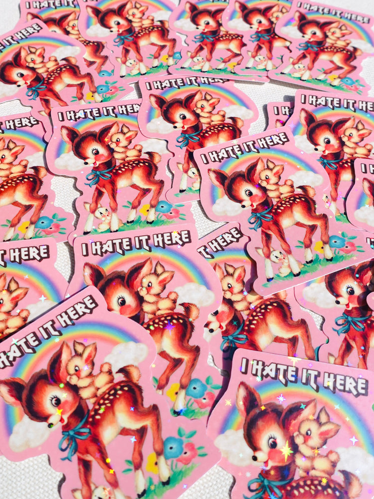 I Hate It Here Sticker – Funny Retro Glitter Vinyl Sticker (ONLINE ORDER ONLY)
