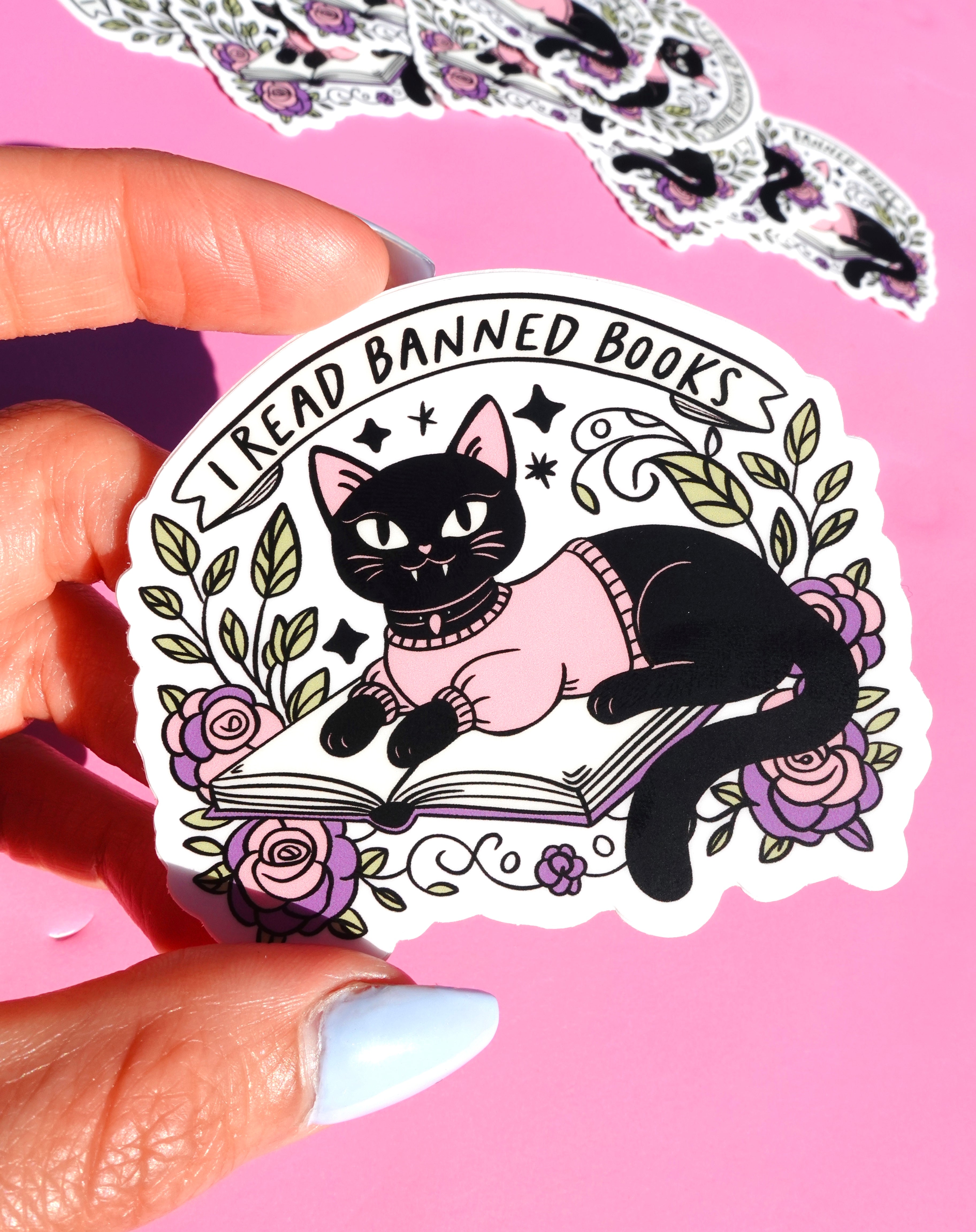I Read Banned Books Sticker – Black Cat Reading Vinyl Decal – Feminist Book Lover Waterproof (Online Order Only)