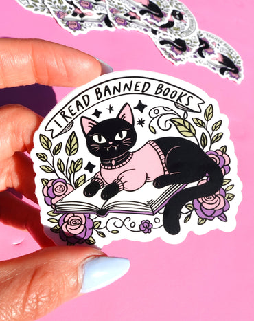 I Read Banned Books Sticker – Black Cat Reading Vinyl Decal – Feminist Book Lover Waterproof (Online Order Only)