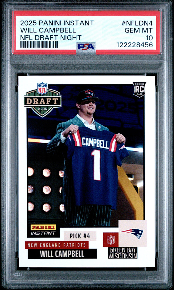 Graded 2025 Panini Instant Will Campbell #NFLDN4 NFL Draft Night Rookie RC Football Card PSA 10 Gem Mint (ONLINE ORDER ONLY)