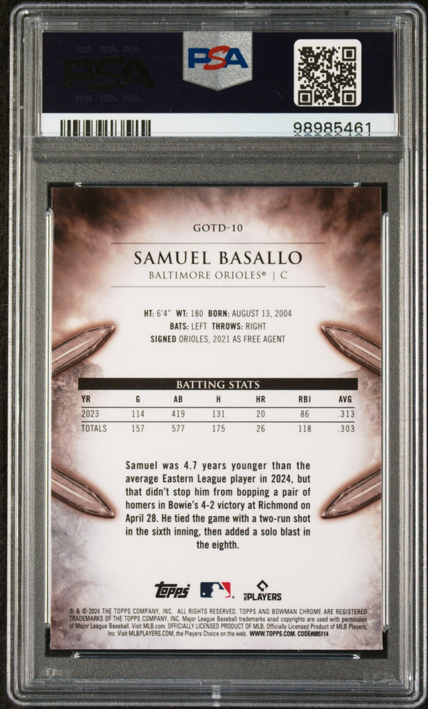 Graded 2024 Topps Bowman Chrome Samuel Basallo #10 Gladiators of the Diamond Rookie RC Baseball Card PSA 10 Gem Mint (ONLINE ORDER ONLY)