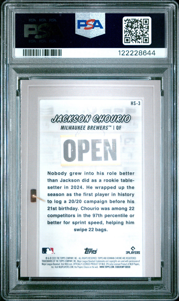 Graded 2025 Topps Bowman Jackson Chourio #HS3 Hobby Stars Baseball Card PSA 10 Gem Mint (ONLINE ORDER ONLY)
