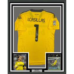Framed Autographed/Signed Iker Casillas 35x39 Real Madrid Yellow Soccer Jersey Beckett BAS COA